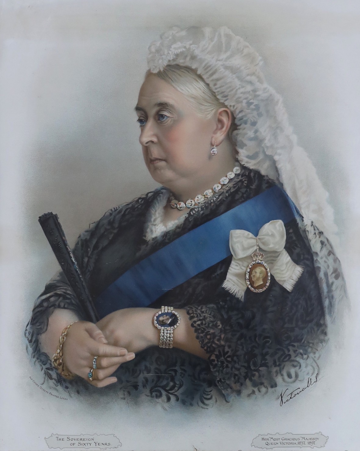 Alfred Cooke publ., chromolithograph, Portrait of Queen Victoria, the Sovereign of 60 years, 60 x 49cm, another chromolithograph, The late Majesty, Queen Victoria, 84 x 74cm, and an 1887 Jubilee portrait